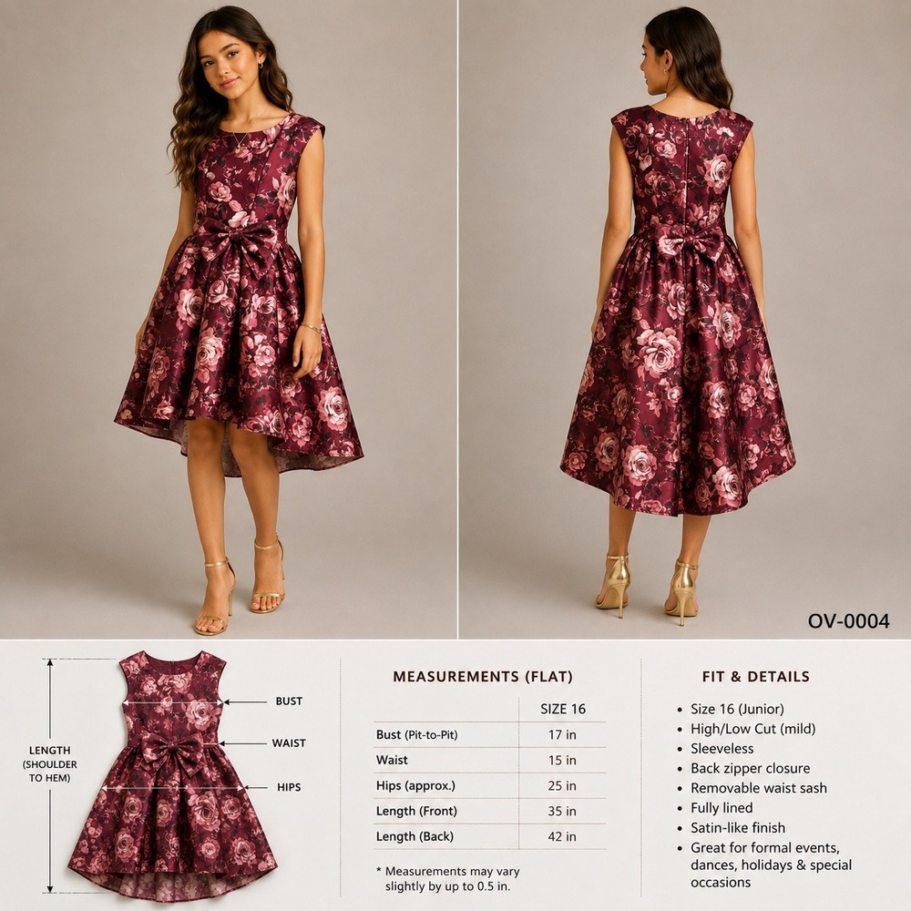 Bonnie Jean Girls Burgundy Floral Rose High Low Satin Formal Dress 16 W4-10528